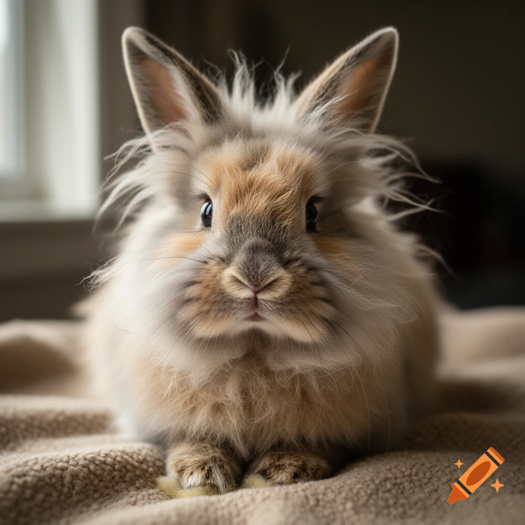 Close-up photorealistic shot of a fluffy, scruffy tricolor bunny with tufted fur sitting on a soft blanket.