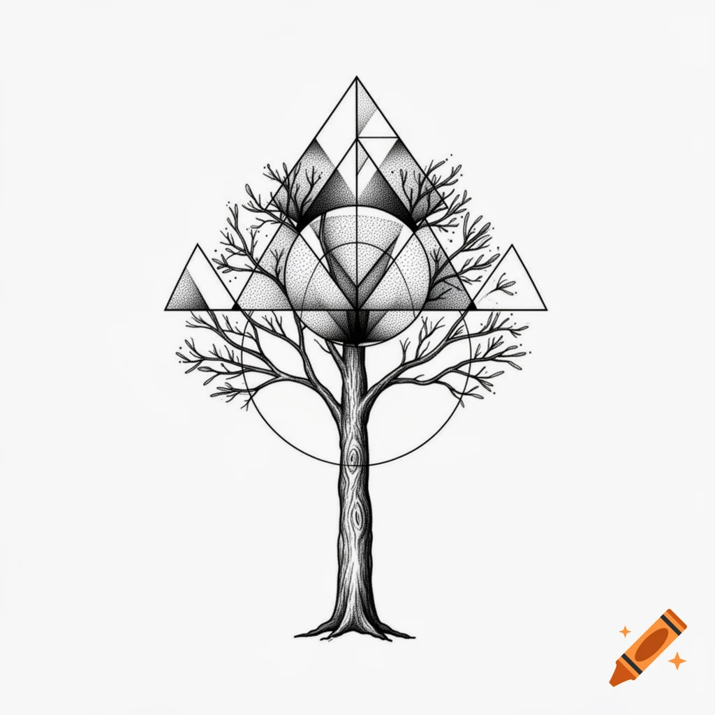 Black and white dotwork tattoo design of a tree featuring geometric shapes, triangles, and a circle in a minimalist style.