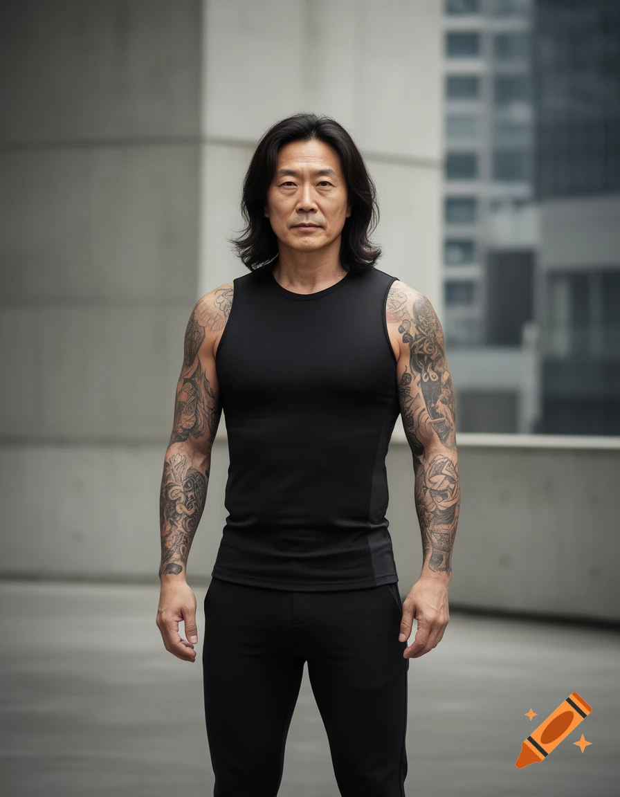 Photorealistic full-body portrait of an athletic Korean-Chinese man with shoulder-length hair and heavy arm tattoos wearing a black sleeveless shirt.