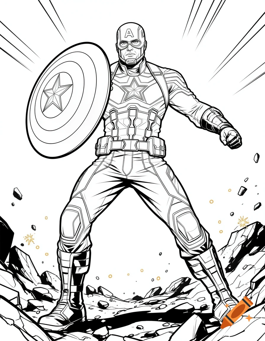 Black and white coloring page of Captain America in armor holding his shield in a dynamic pose.