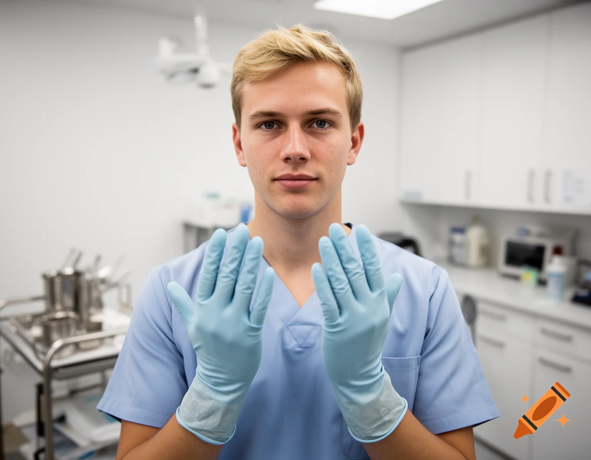 Photorealistic medium shot of a young blonde man in a light blue medical uniform wearing surgical gloves in a clinic.