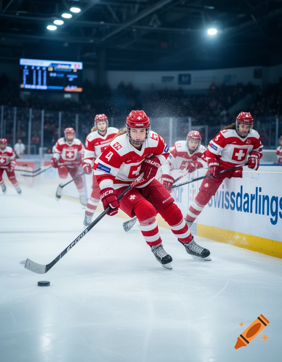 Action shot of female ice hockey players in red uniforms on an ice rink during a game.