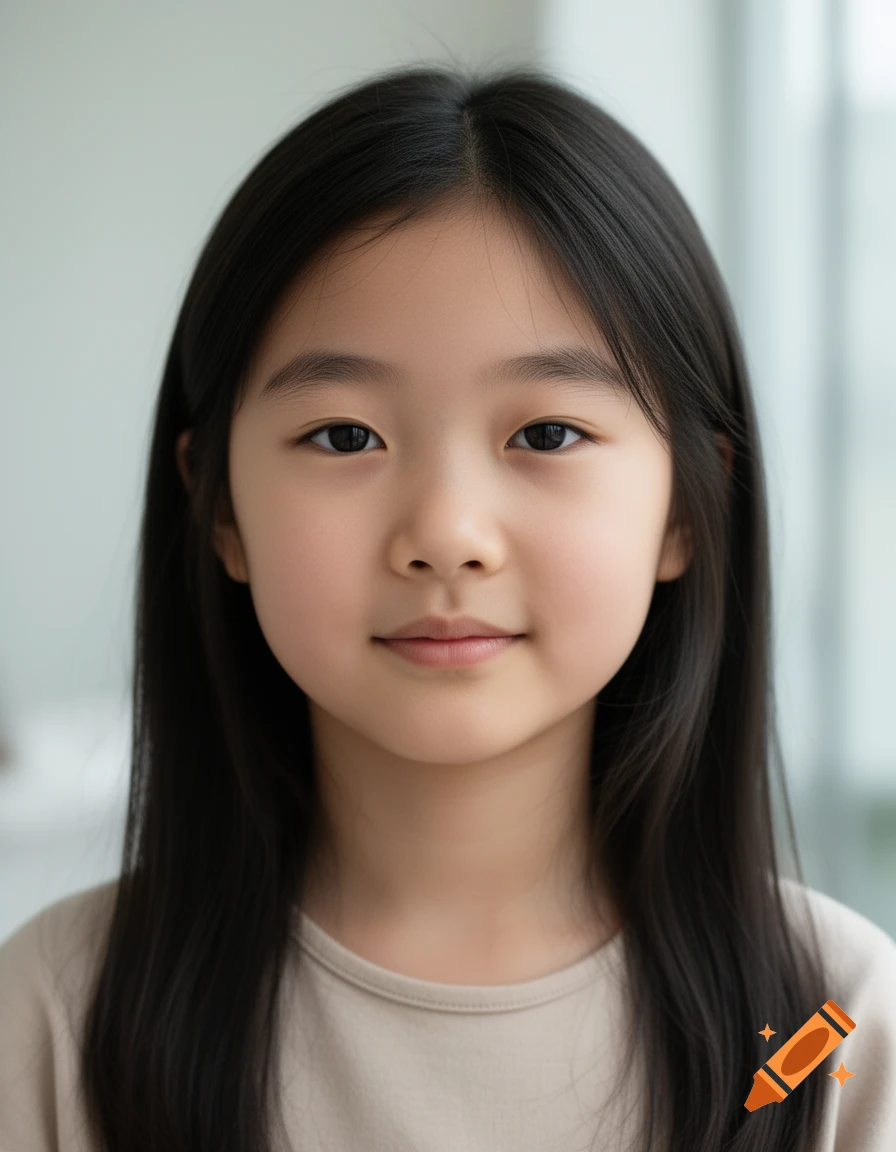 Close-up portrait of a young Korean girl with long dark hair and a neutral expression, photorealistic.