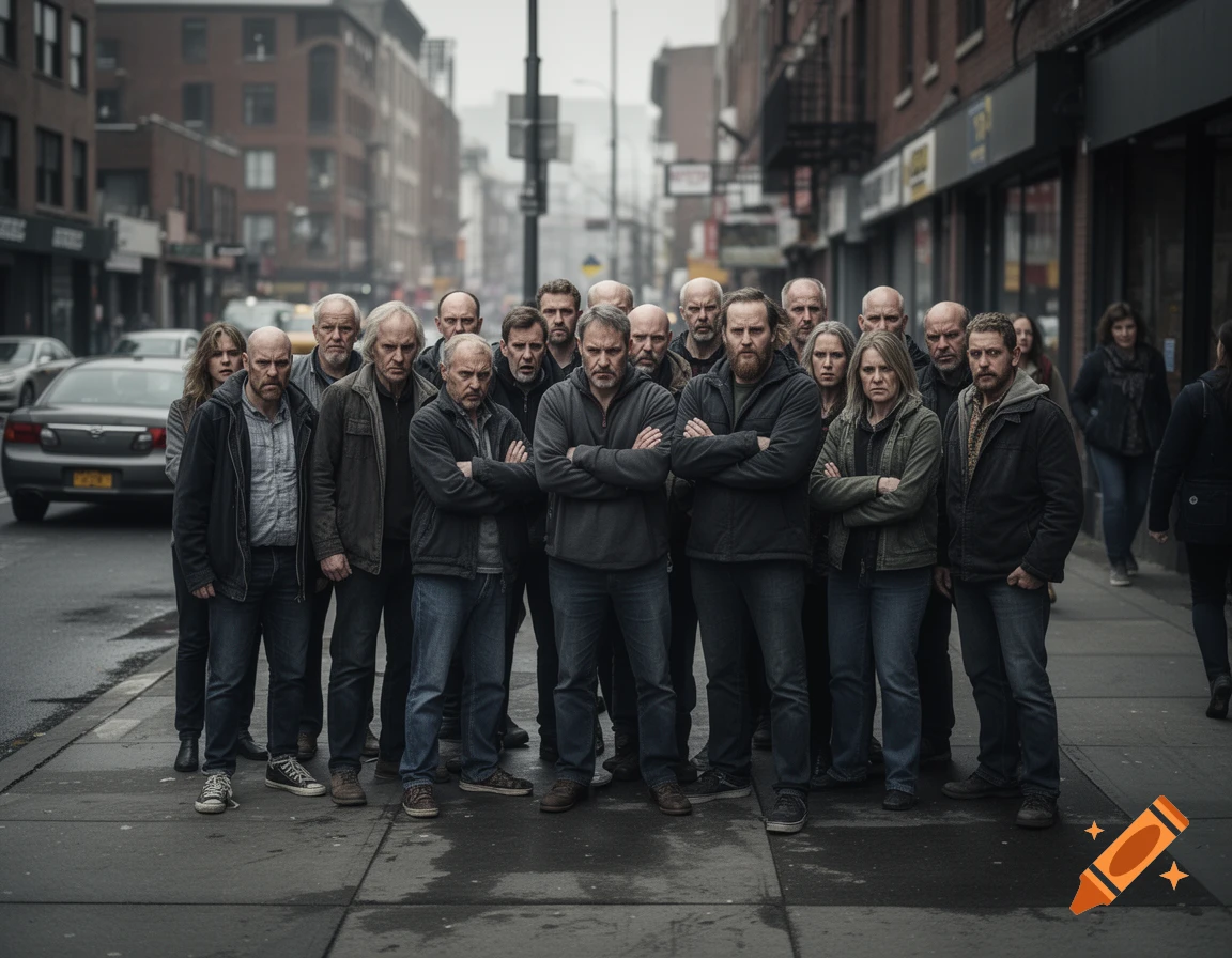 A large group of stern-looking people standing together on a city sidewalk in a realistic style.