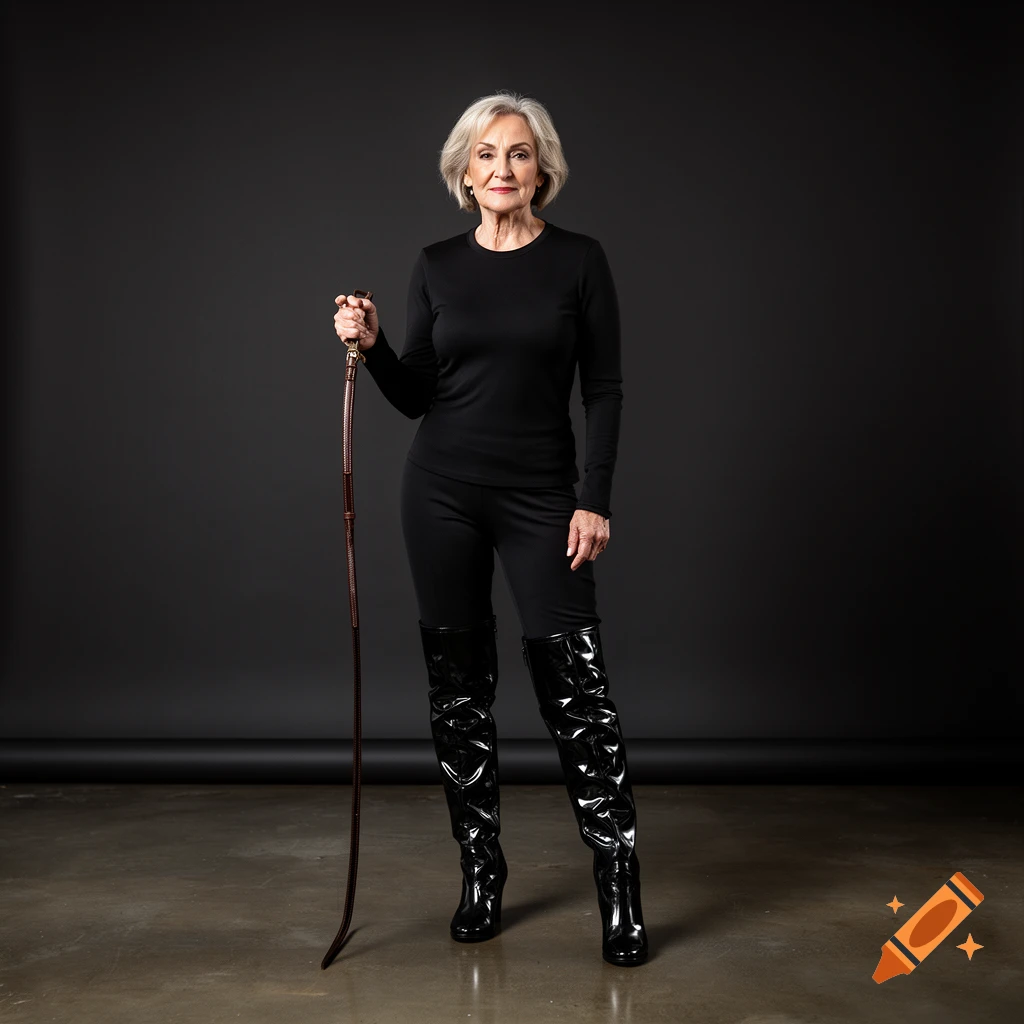 Photorealistic full-body shot of an older woman with silver hair, wearing a black long-sleeved top and shiny black over-the-knee boots, holding a whip in a studio with a dark background.