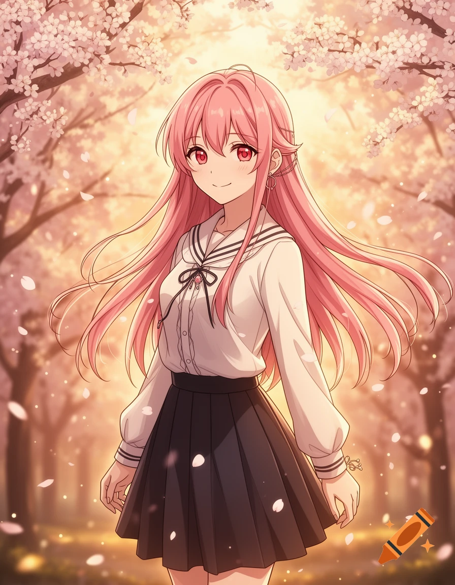 Anime style illustration of a smiling girl with pink hair and red eyes in a school uniform amidst cherry blossom trees.