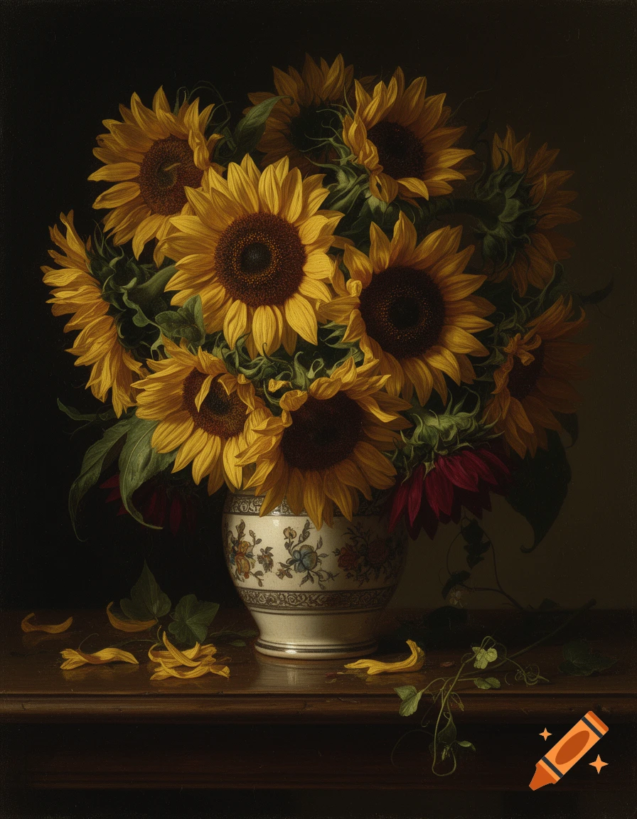 A classical oil painting style still life of a bouquet of sunflowers in a decorated ceramic vase on a wooden table.