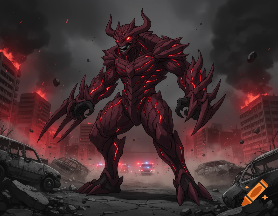 An anime-style red and black kaiju monster with devil horns and forearm blades standing in a ruined city.