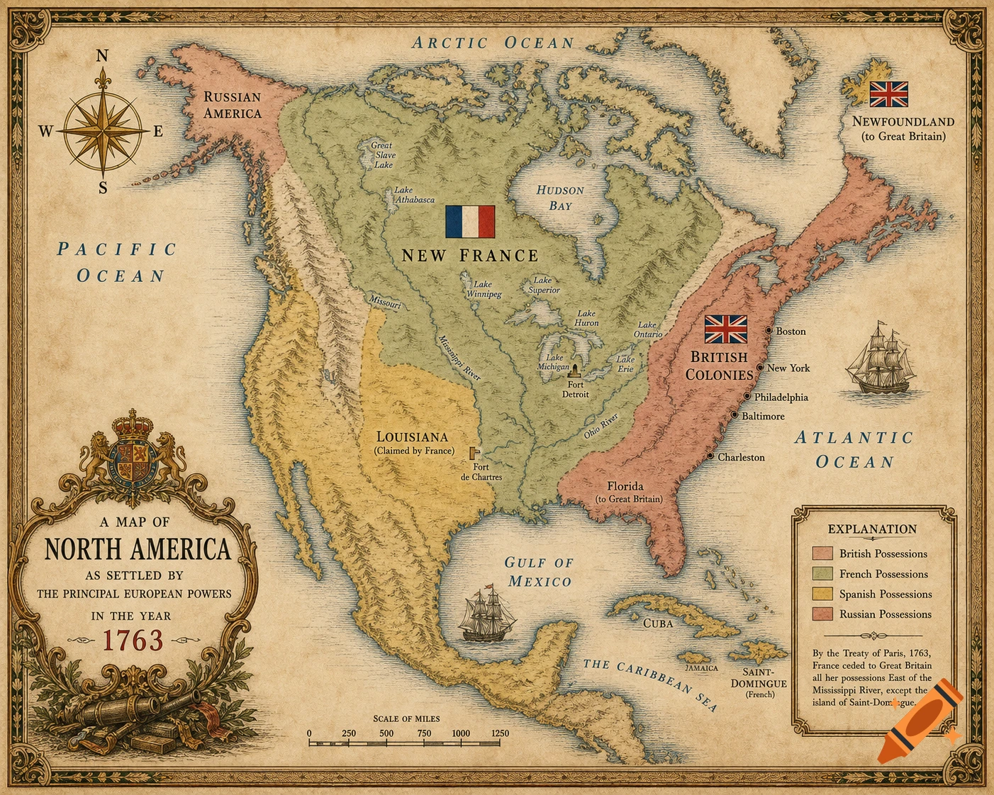 Vintage historical map of North America in 1763 showing European territories and flags.
