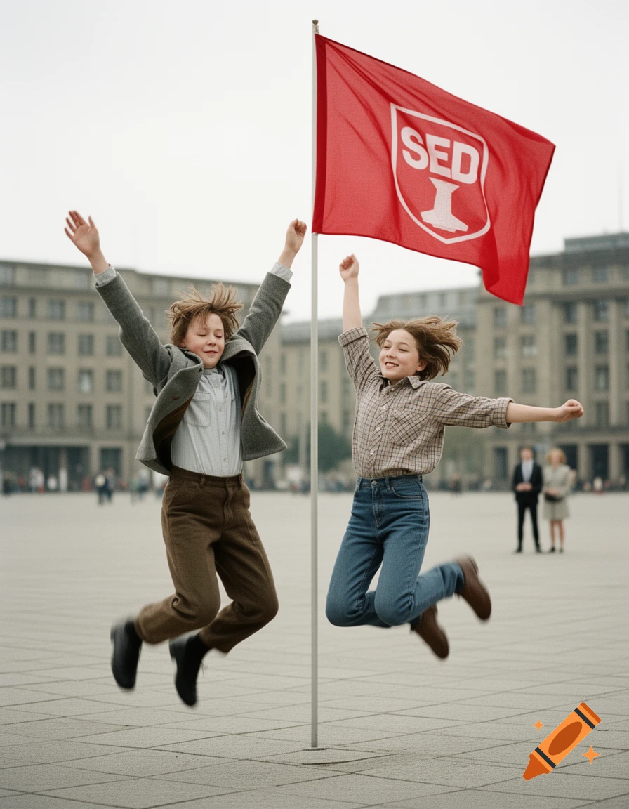 Photorealistic image of two youths joyfully jumping in front of a red SED flag in a public square.