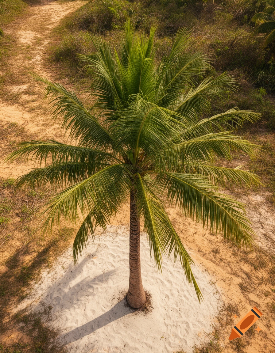 Aerial view of a single green palm tree in a sandy clearing surrounded by dense vegetation.