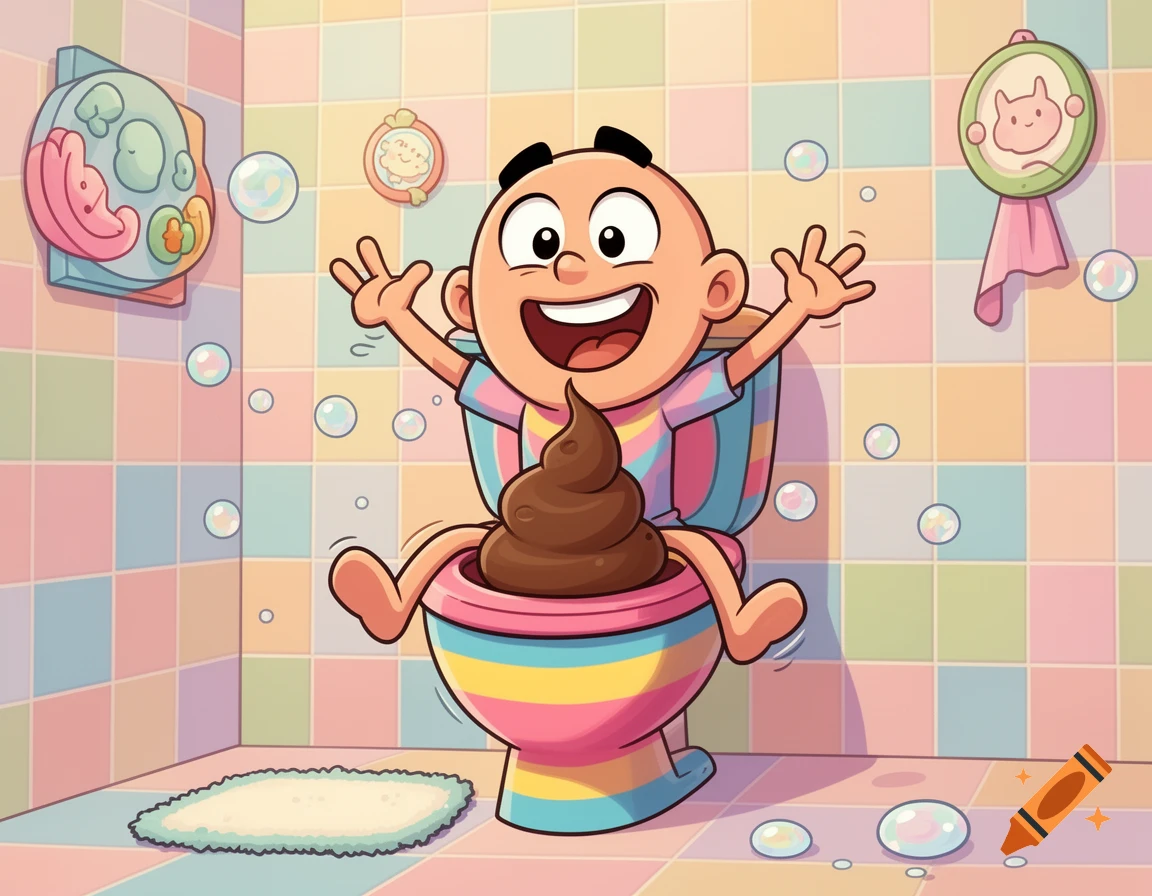 A cartoon character with big eyes happily sitting on a colorful toilet with a large poop in the bowl, in a tiled bathroom.