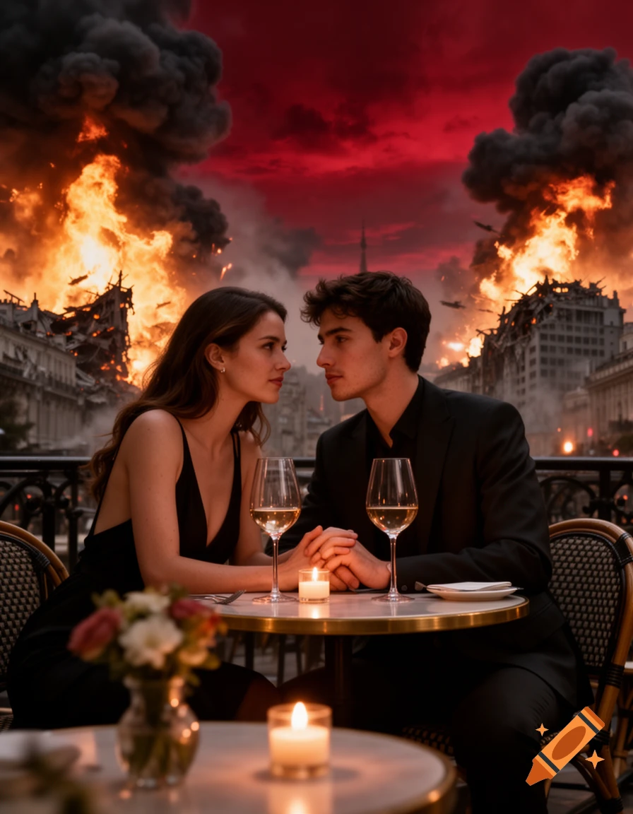 A young couple having a romantic dinner with wine and candles at an outdoor cafe while a city burns in the background.