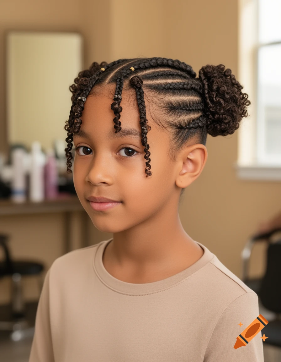 Photorealistic portrait of a young girl with intricate braided hairstyle and buns, wearing a neutral beige top.