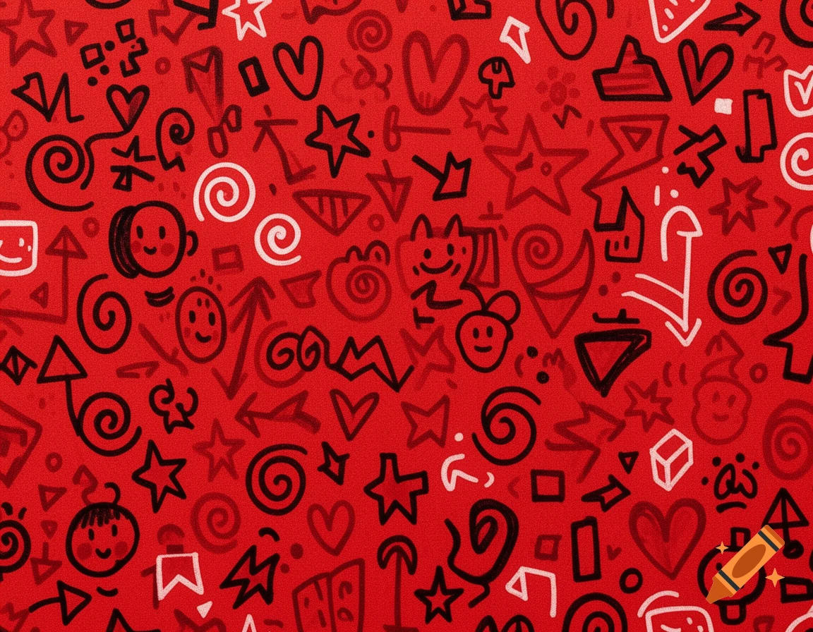 Red background filled with playful black and white doodle patterns, including stars, hearts, and faces.