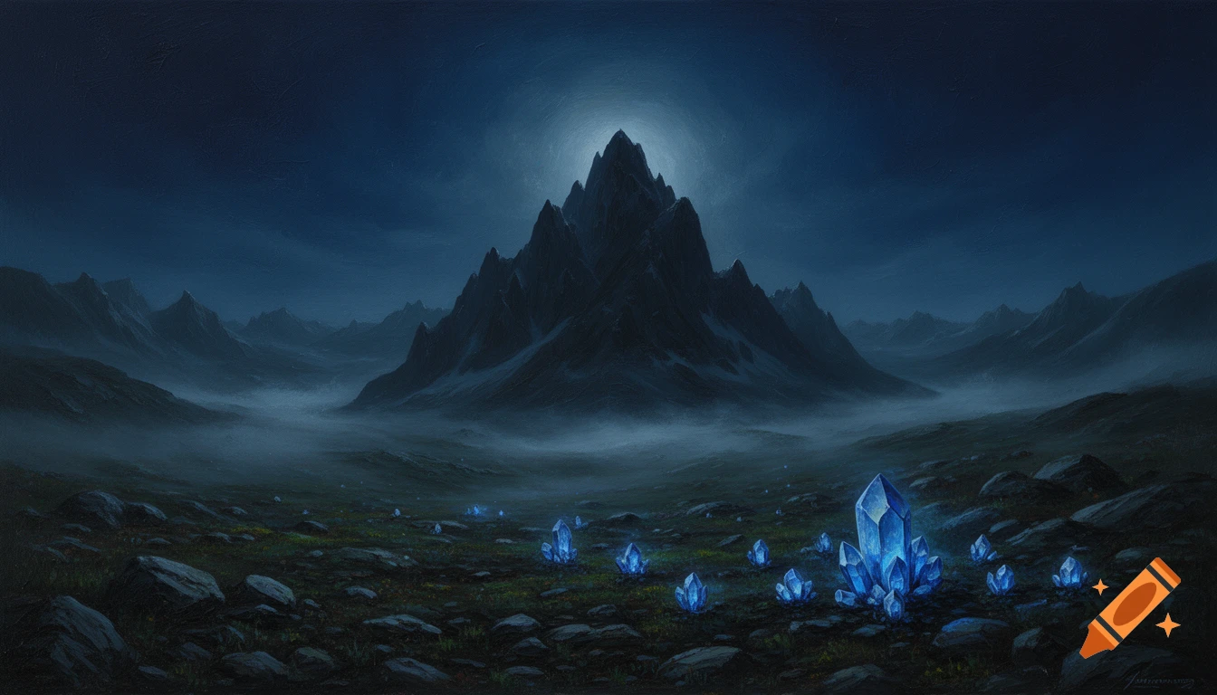 Oil painting of a moody night landscape with glowing blue crystals in a rocky valley beneath a towering craggy mountain.