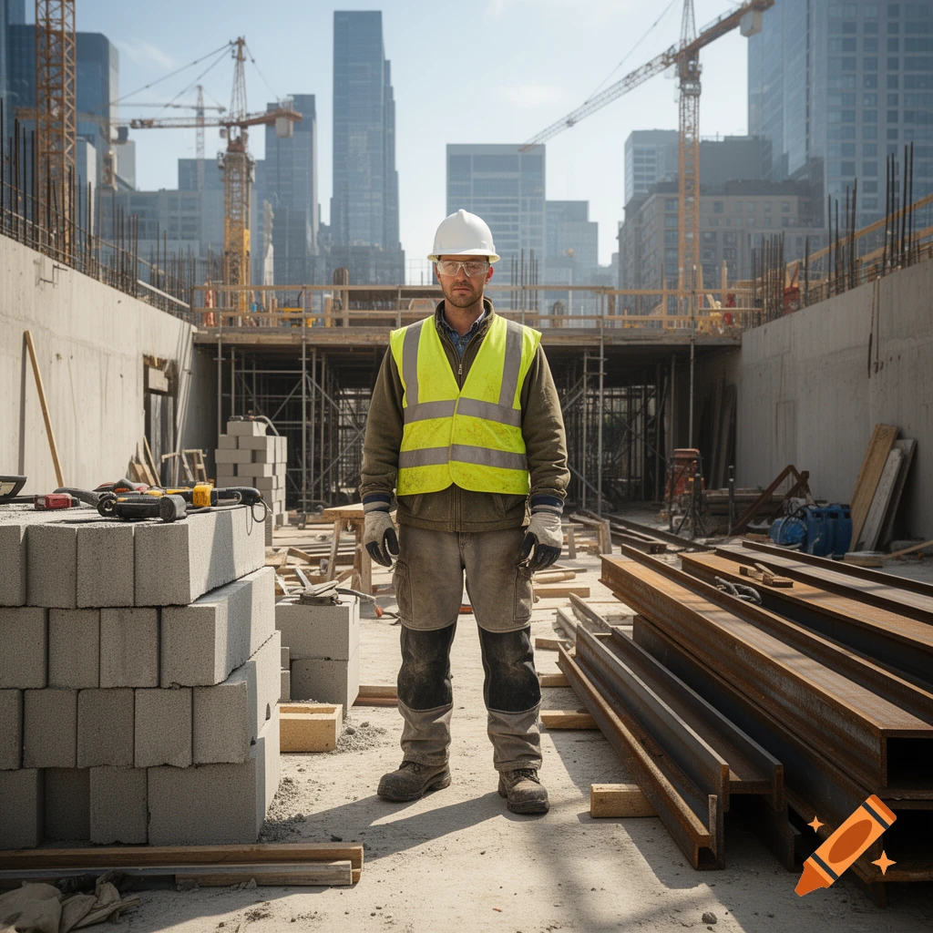 Photorealistic image of a male construction worker standing in an urban construction site with scaffolding and steel beams.