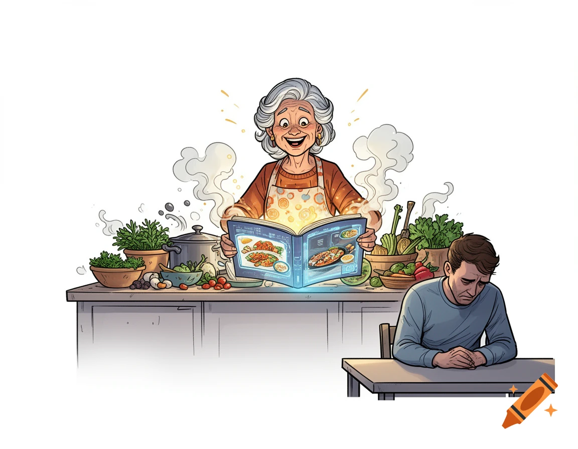 Comic illustration of a cheerful old woman cooking from a glowing futuristic recipe book next to a sad man at a table.