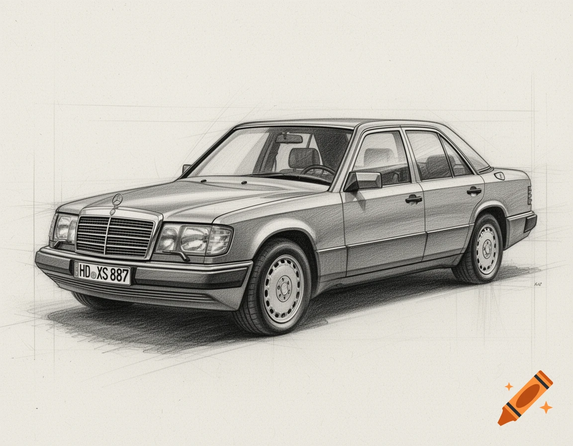 pencil sketch of a Mercedes-Benz W124 sedan with hubcaps and license plate HD XS 887