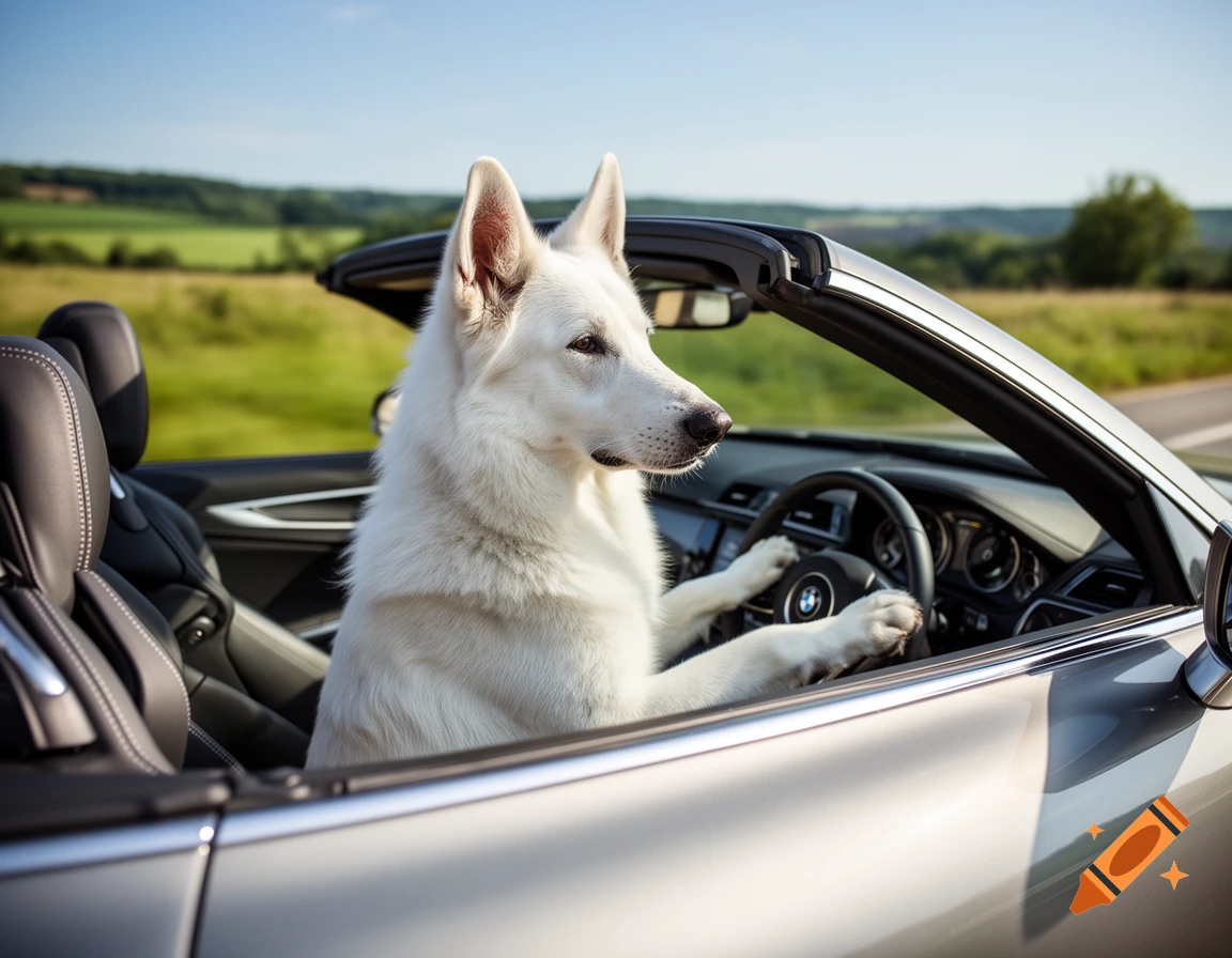Photorealistic image of a white German Shepherd driving a convertible car through a rural landscape.