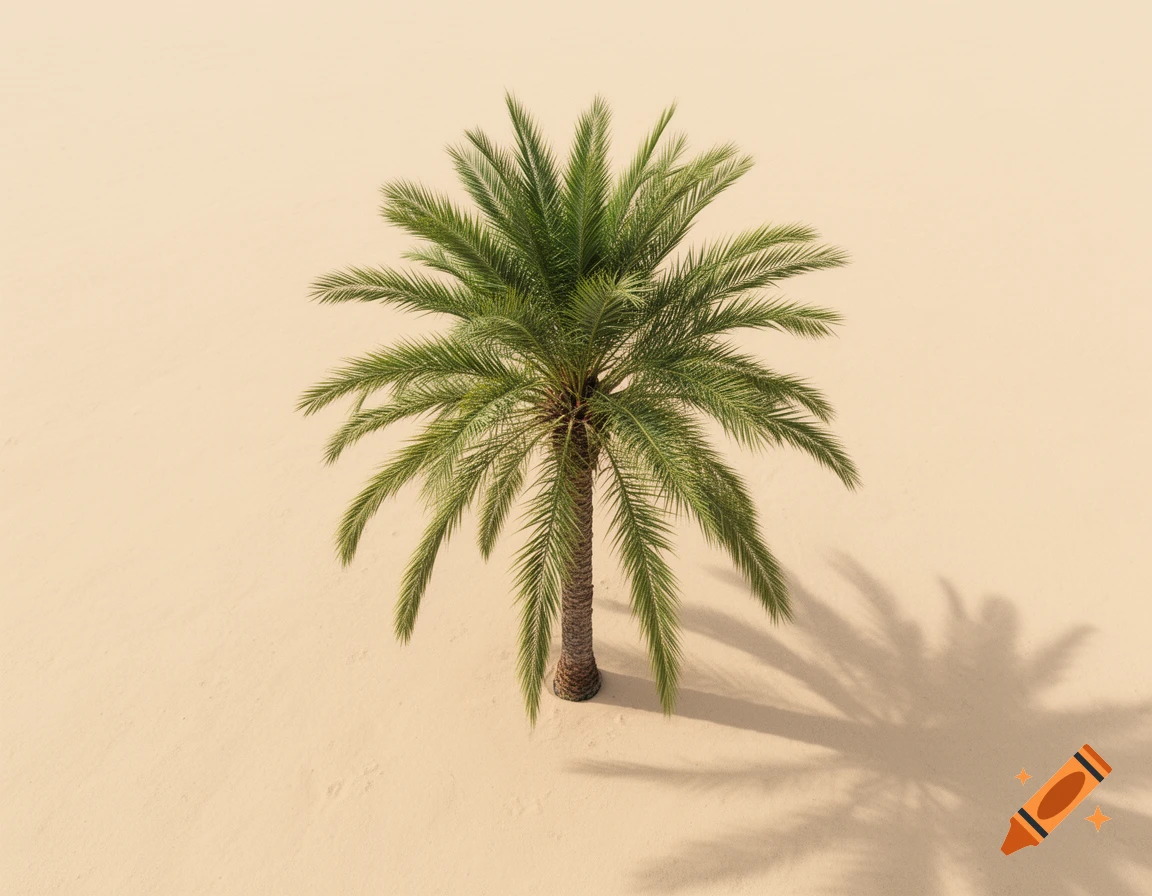 A single palm tree stands in the center of plain sand, casting a clear shadow on the ground, viewed from above.