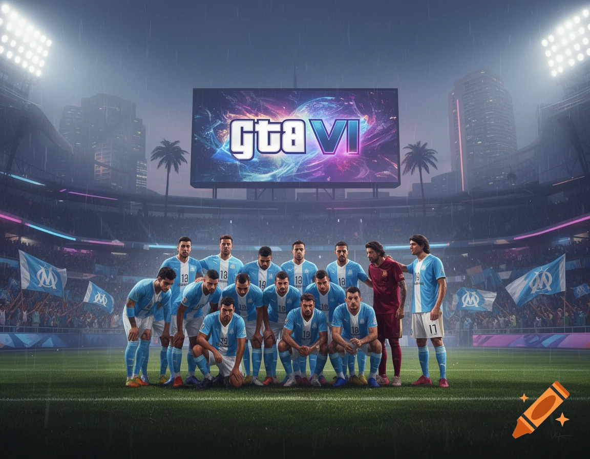 Photorealistic image of the Olympique de Marseille football team posing sadly in a stadium with a large screen displaying 'GTA VI'.