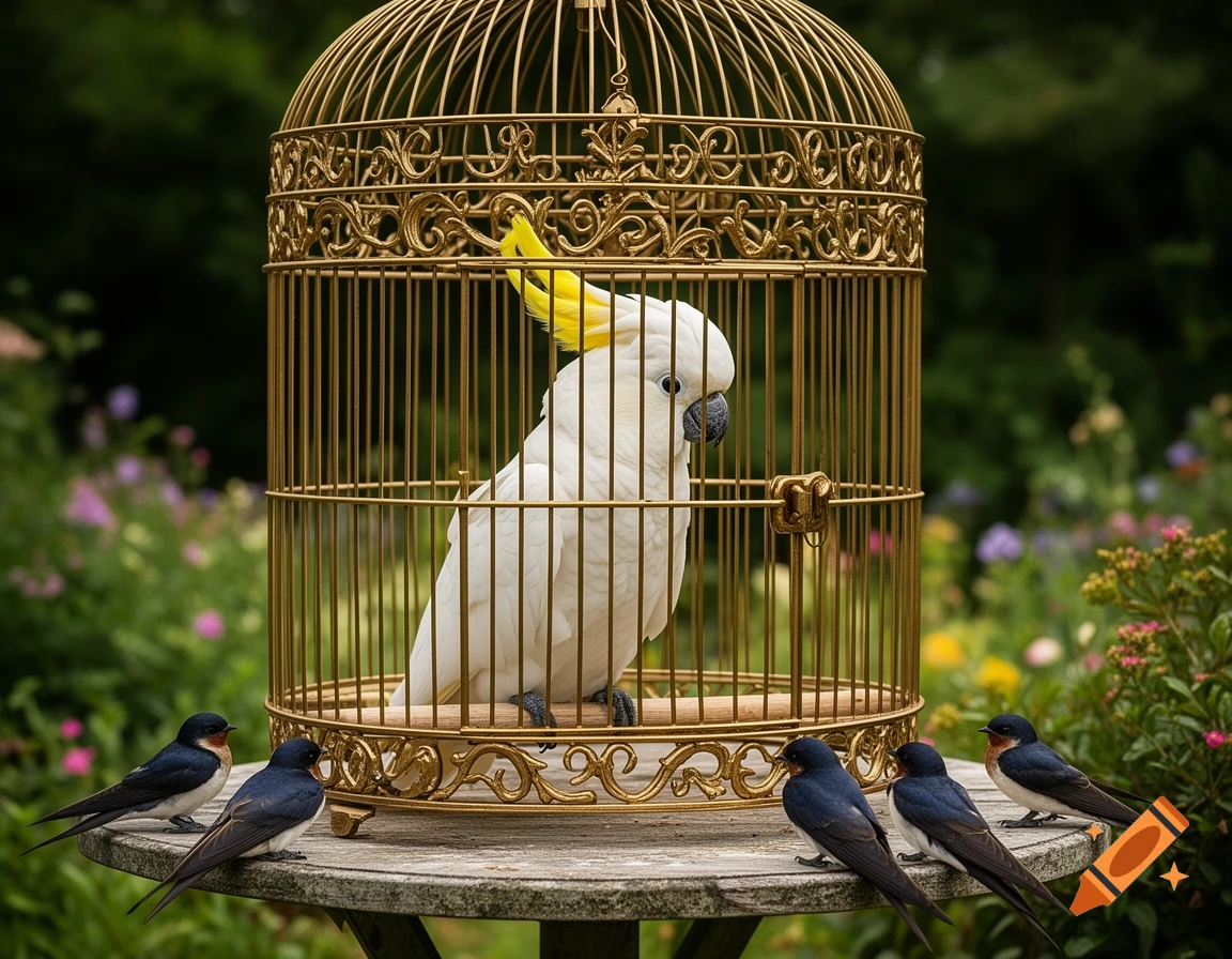 Photorealistic image of a white cockatoo in a golden cage on a garden table, surrounded by small swallows.