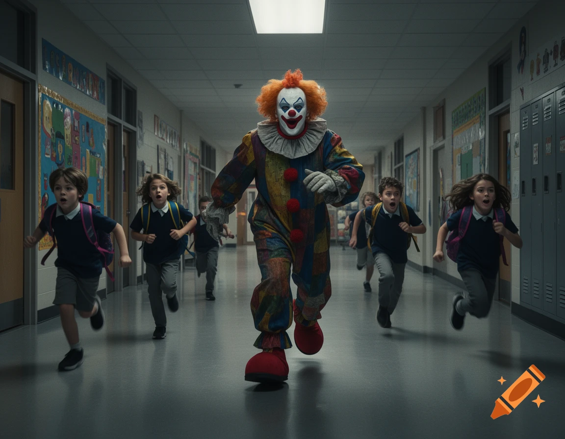 A terrifying clown chasing a group of screaming children down a brightly lit school hallway, photorealistic style.