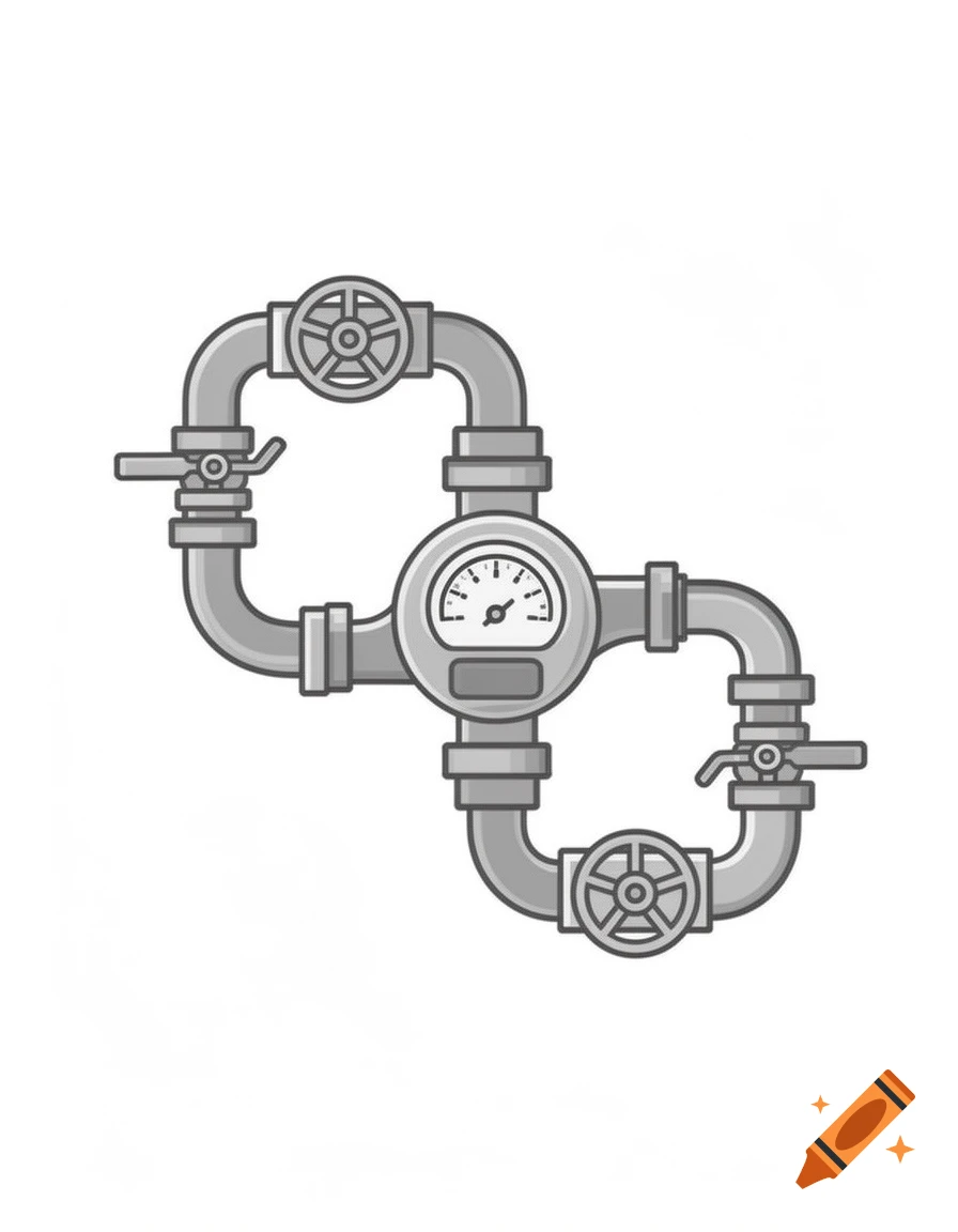Monochrome clipart style illustration of connected grey water pipes with valves and a central meter.