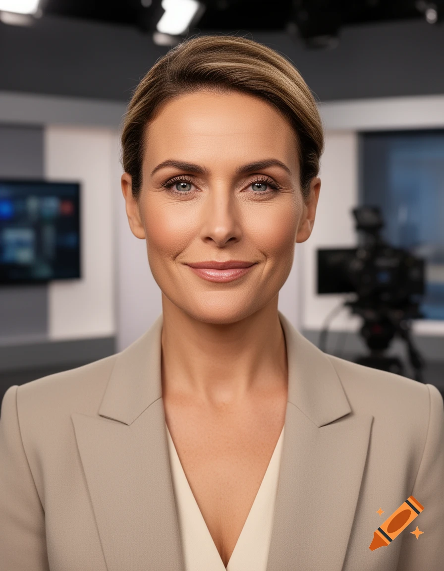 Photorealistic medium shot of a woman with brown hair smiling in a news studio.