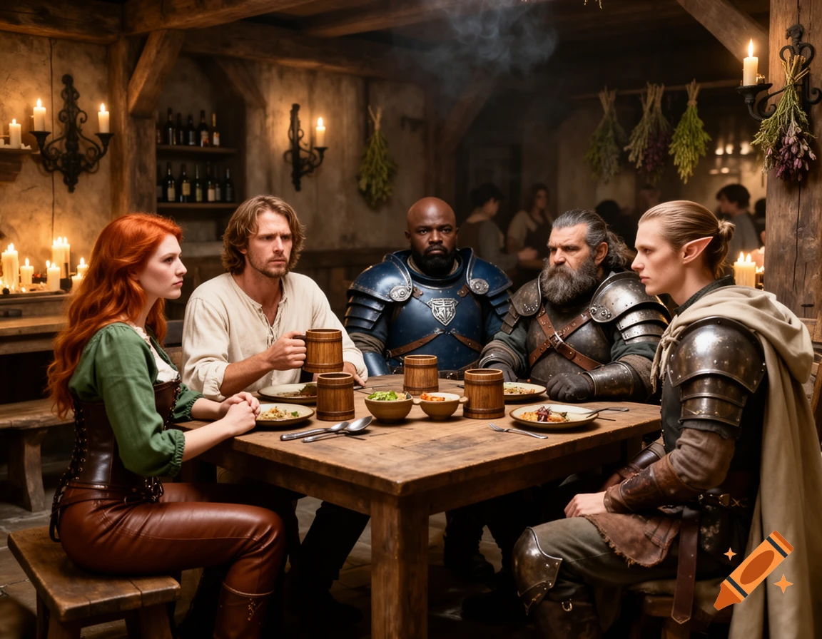 A photorealistic tavern scene featuring five diverse fantasy characters sitting around a wooden table sharing drinks and food.