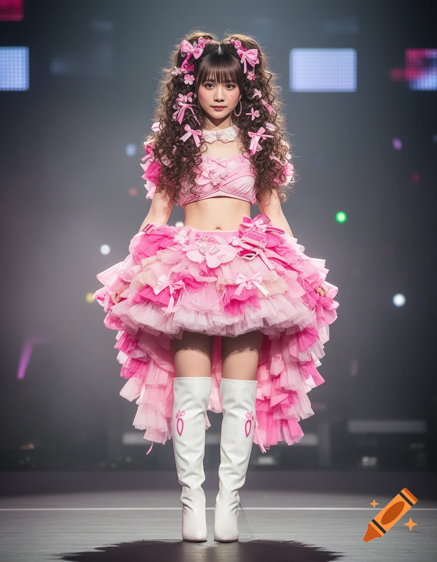 Full-body shot of a Japanese idol wearing a pink frilly dress and white long boots, with twin ponytails decorated with pink bows.