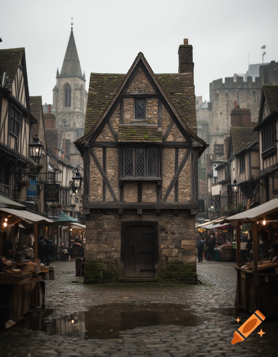 Photorealistic view of a narrow medieval timber-framed house in a cobblestone town square with a stone church tower in the background.