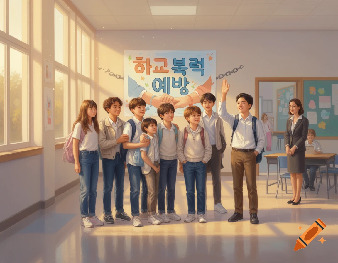 An illustrated group of students and a teacher standing in a bright classroom with a banner about school violence prevention.
