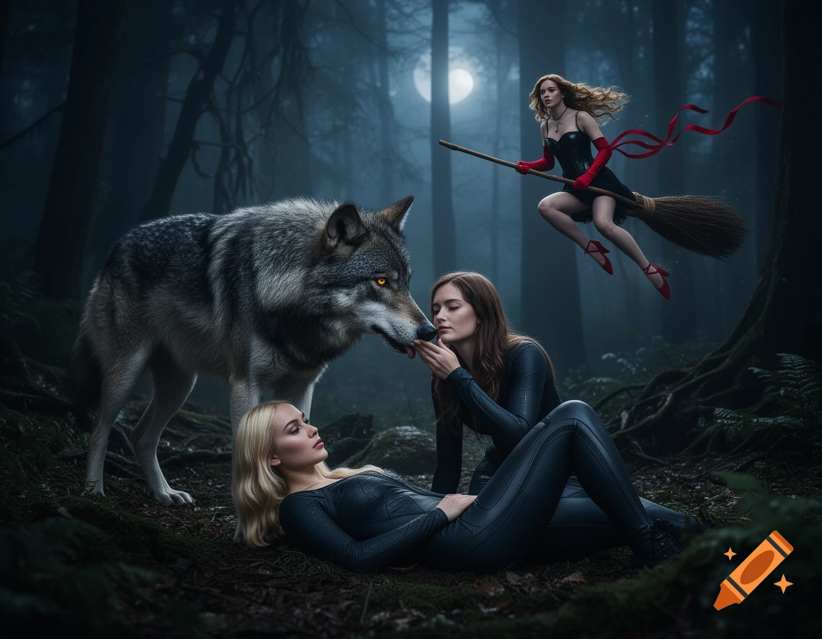 Photorealistic scene in a dark forest featuring a massive wolf, a woman lying on the ground, another kneeling, and a flying witch on a broomstick.