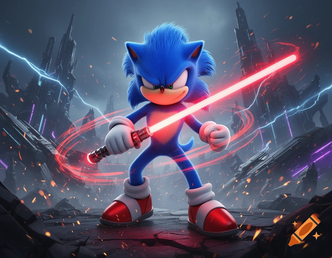 Sonic the Hedgehog standing in a destroyed futuristic city while wielding a glowing red lightsaber, digital art style.