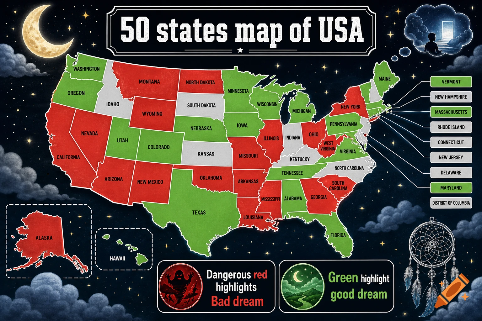 Illustrated 50 states map of USA with red and green state highlights and dreamcatcher theme.