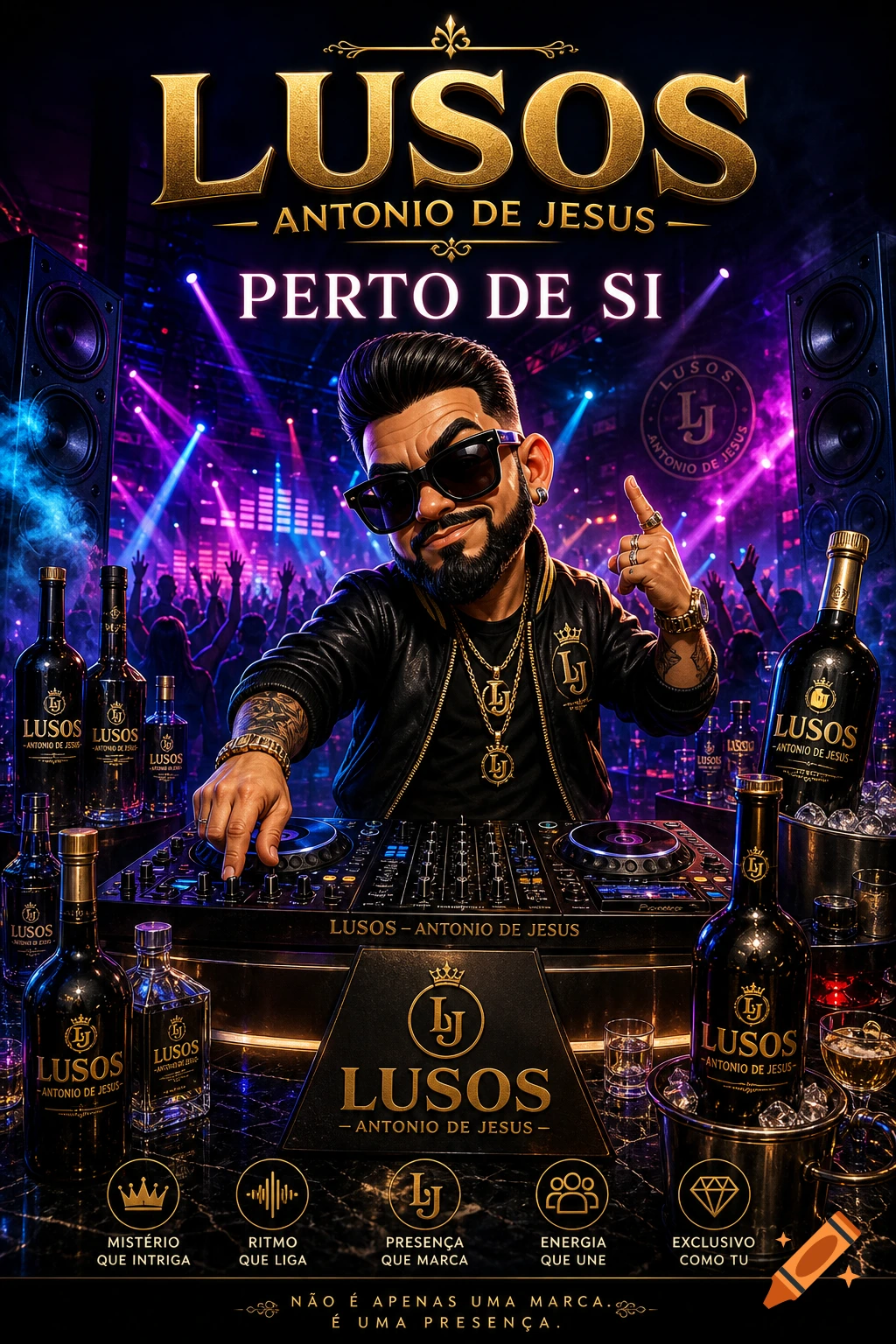 A stylized 3D cartoon DJ with dark sunglasses and a leather jacket standing at a mixing console in a vibrant nightclub, surrounded by beverage bottles.