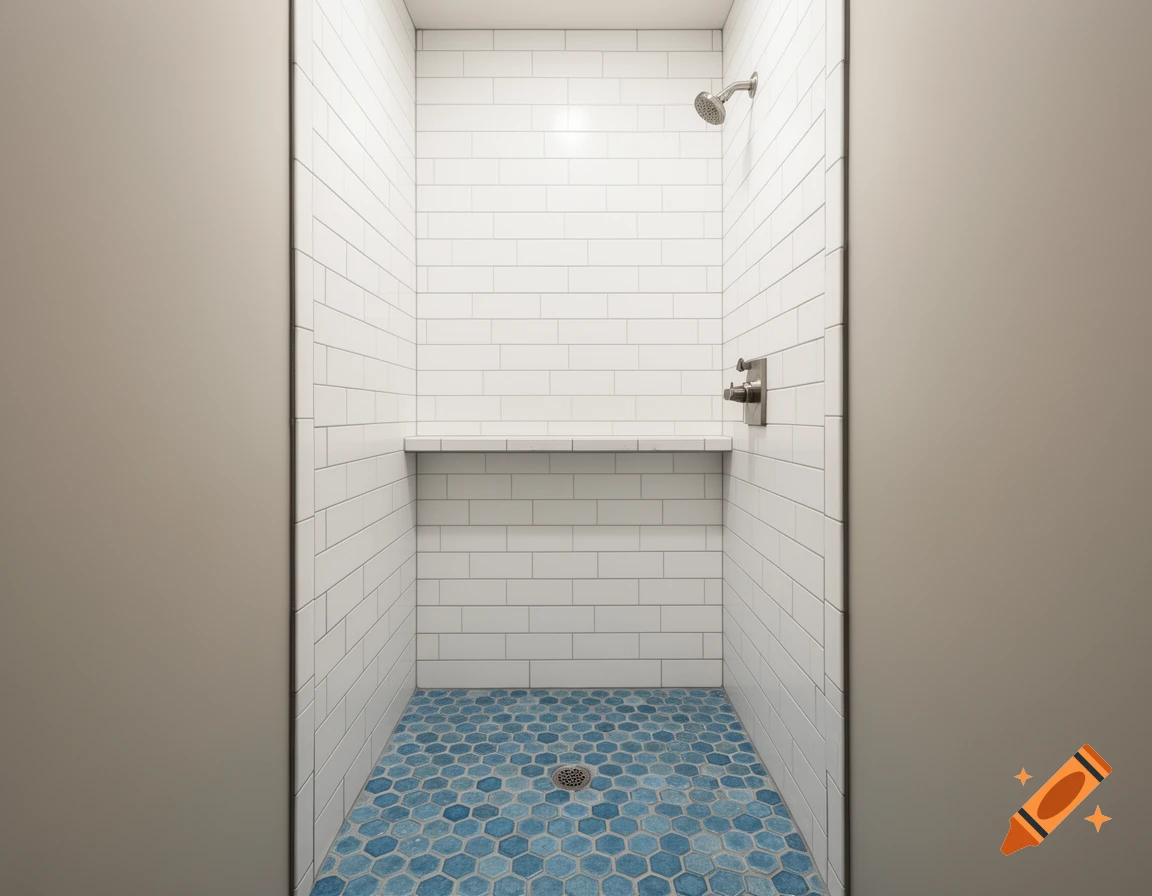 Photorealistic view of a walk-in shower with white subway tile walls, a built-in shelf, and blue hexagon mosaic floor tile.