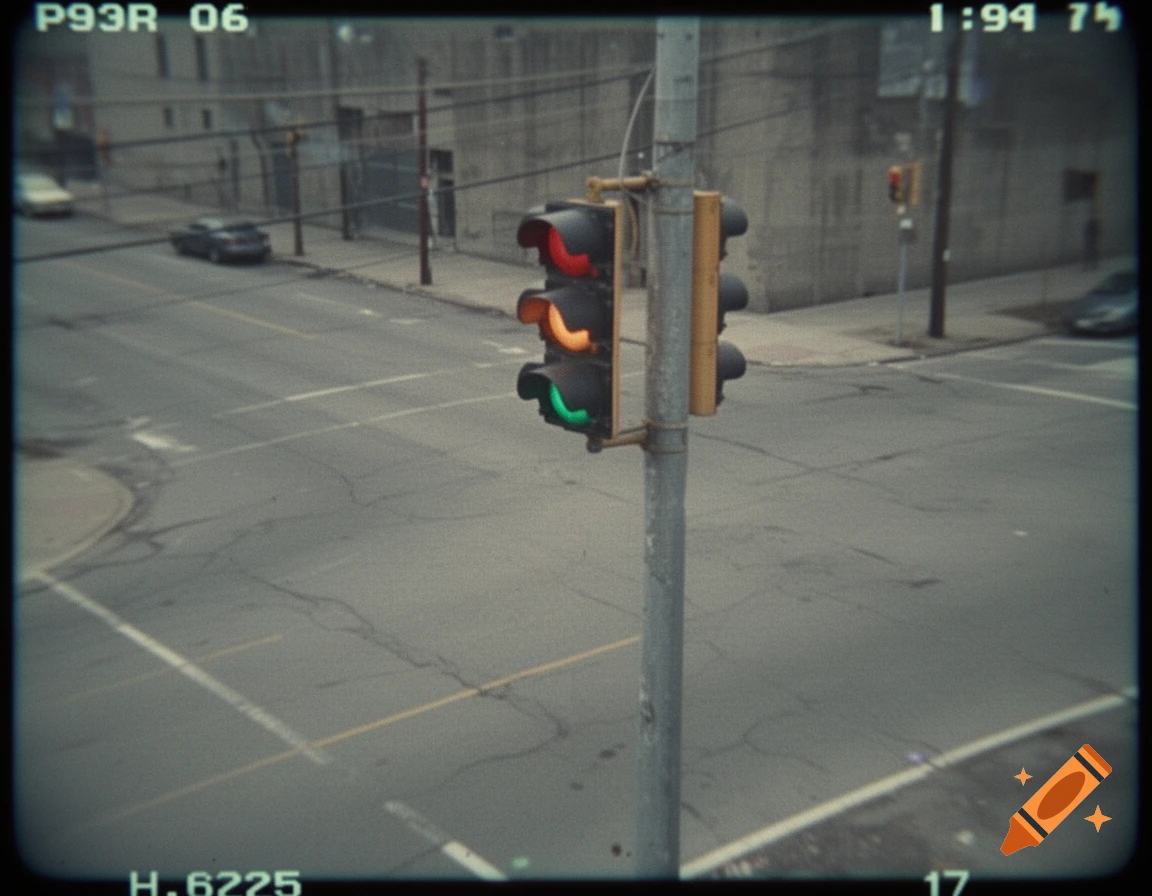 Security camera footage of a street intersection with a green traffic light, featuring timestamp overlays.