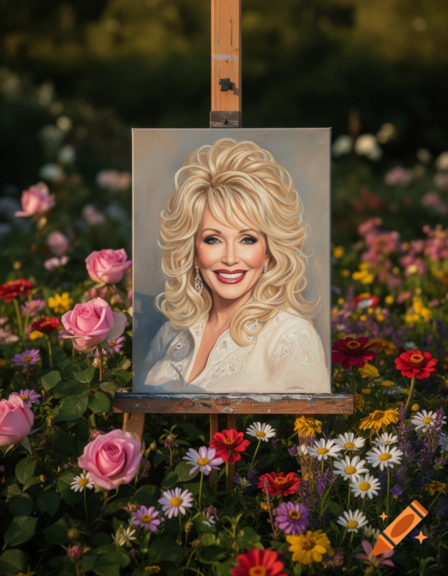 An oil painting portrait of Dolly Parton on an easel surrounded by a bed of colorful roses and daisies.