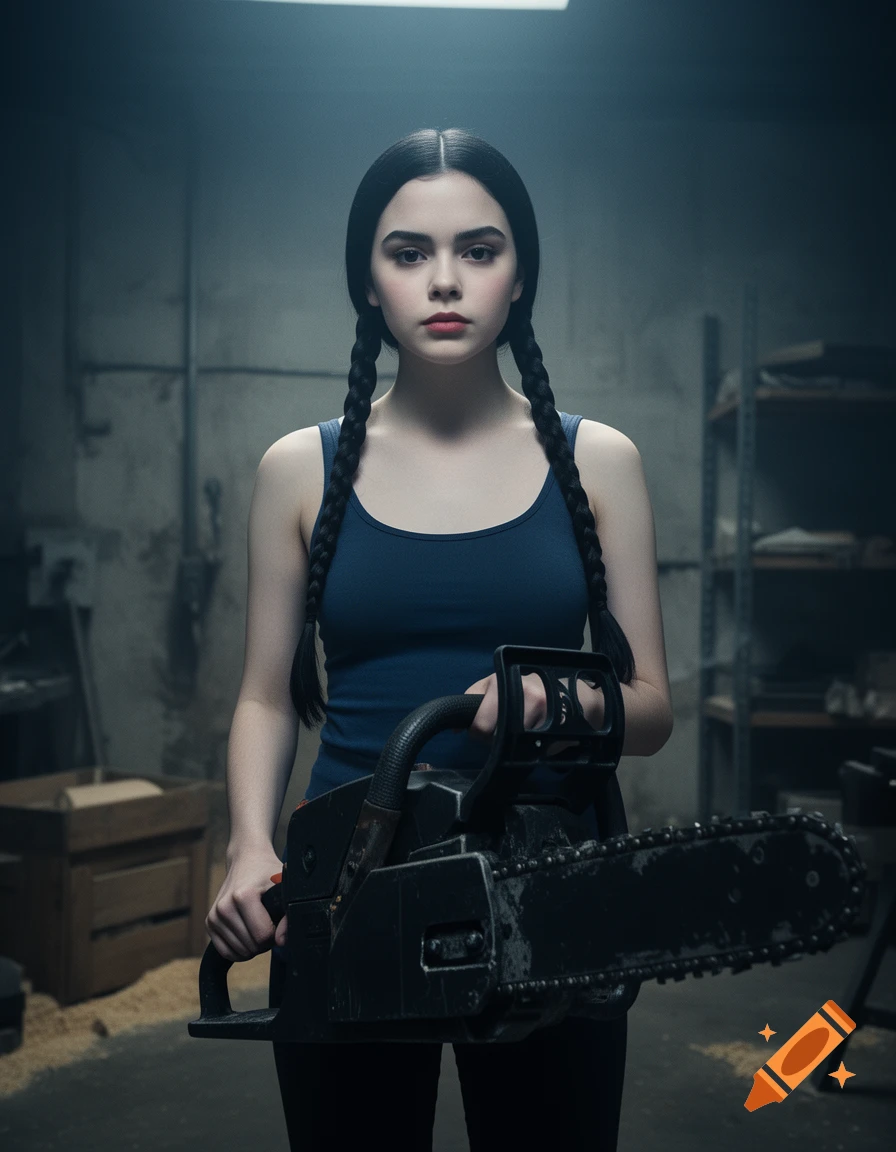 Photorealistic portrait of a young woman with dark braided pigtails holding a black chainsaw in a dimly lit industrial room.