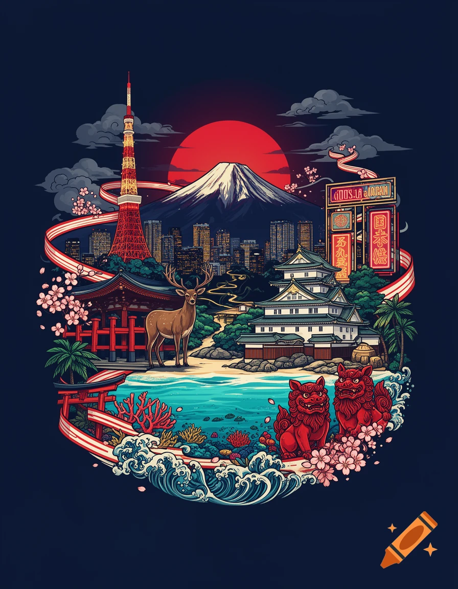 Digital illustration of Japanese landmarks including Tokyo Tower, Mt. Fuji, a temple, and a deer, arranged in a circular design.