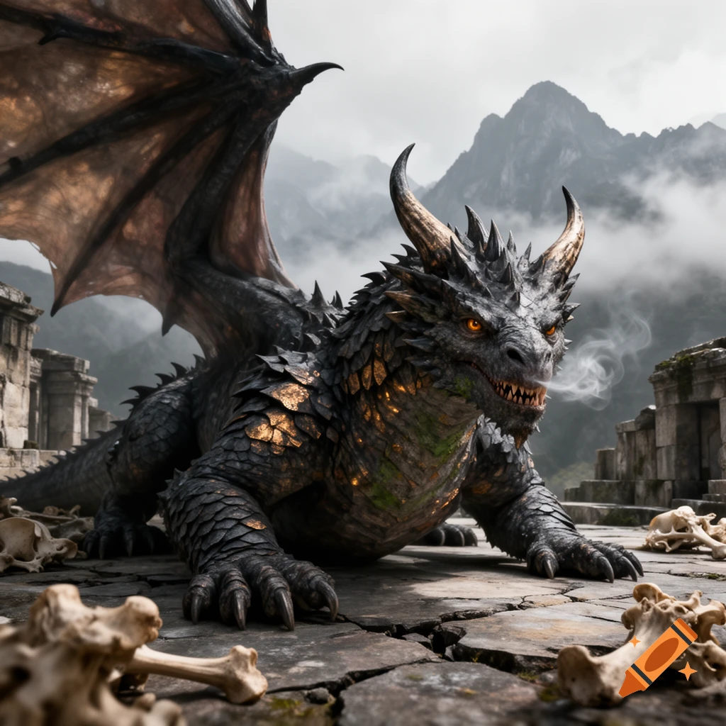 A detailed dark gray dragon with large wings and glowing orange eyes standing among ruins and bones, photorealistic.
