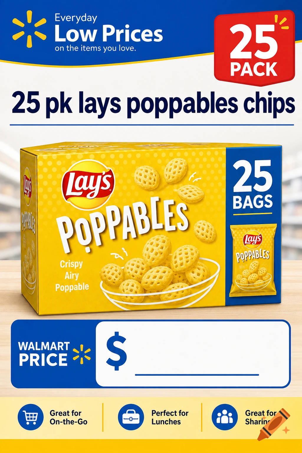 A product box for Lay's Poppables chips with a Walmart price tag and branding.