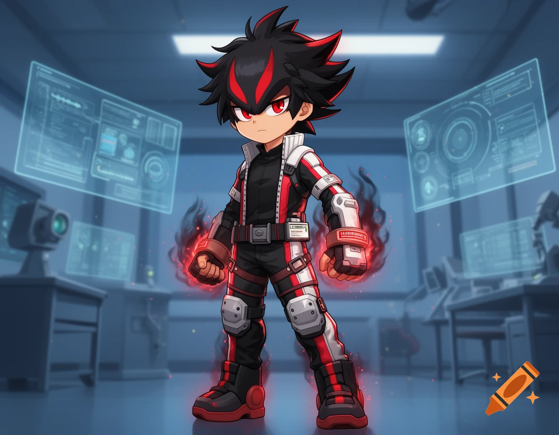 An anime style human kid version of Shadow the Hedgehog standing in a futuristic laboratory.