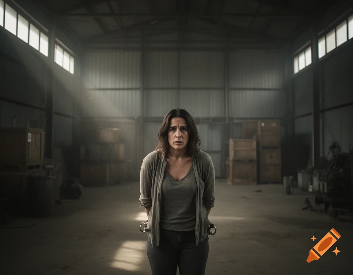 A distressed woman with her hands bound in handcuffs stands in the center of a dark, dusty industrial warehouse, lit by a beam of light.