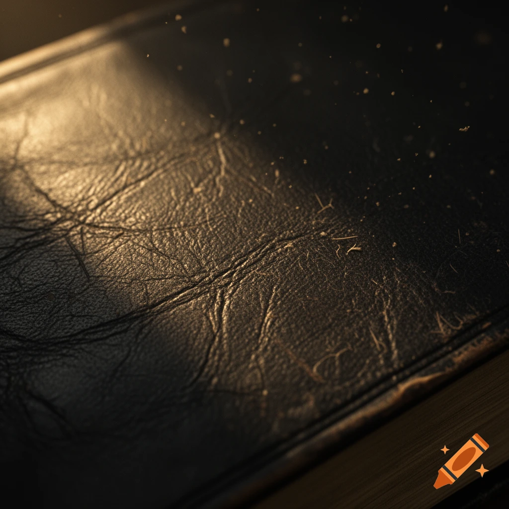 Close-up macro photorealistic view of aged black leather book cover texture with amber lighting.