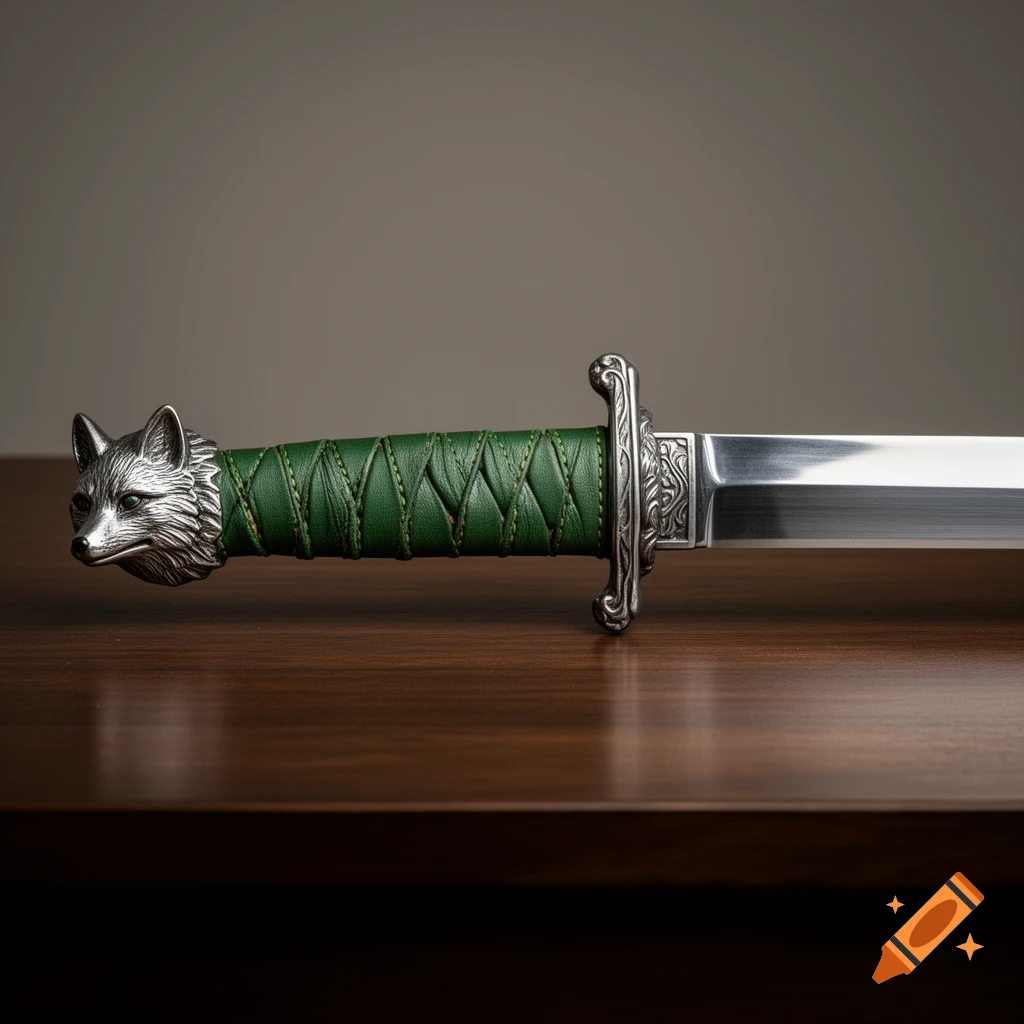 Photorealistic close-up of a silver sword with a green leather-wrapped grip and a detailed silver fox pommel on a wooden surface.