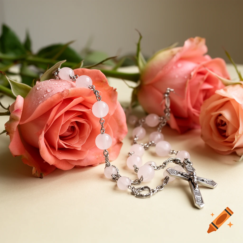 Close-up of a pink rosary resting on a light surface alongside several peach-colored roses with water droplets.